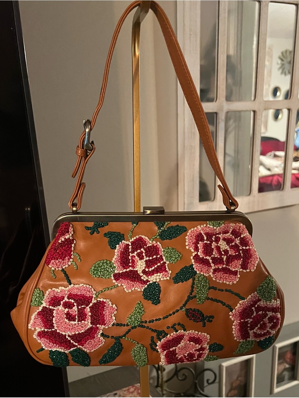 ISABELLA FIORE VINTAGE RARE leather Tan Beaded Rose Frame Bag